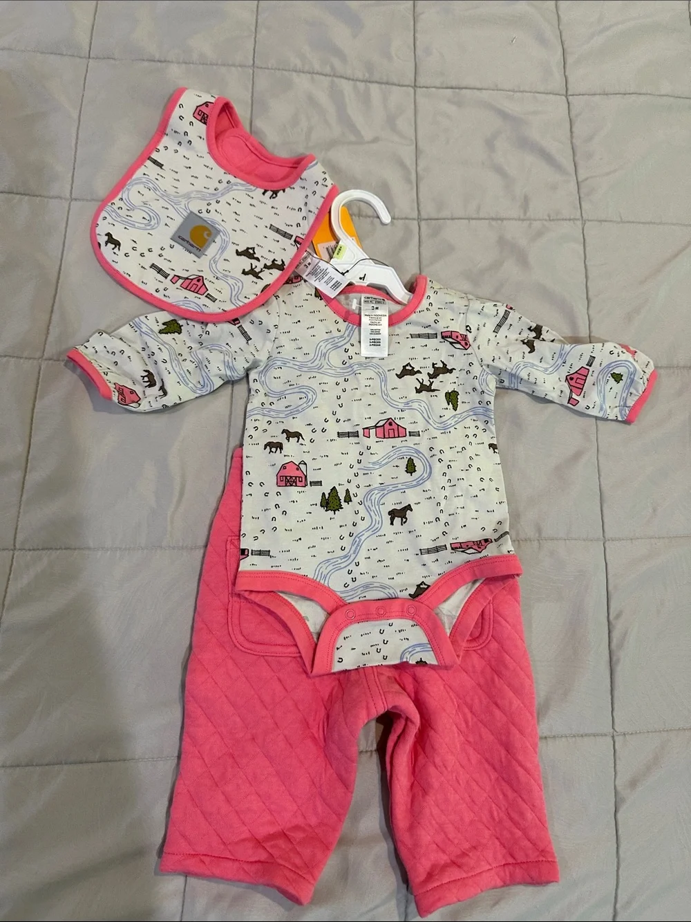 Carhartt Pink Quilted Baby Overalls, Bear Paw Light Pink Knit Hat & Sleeper 3 MO